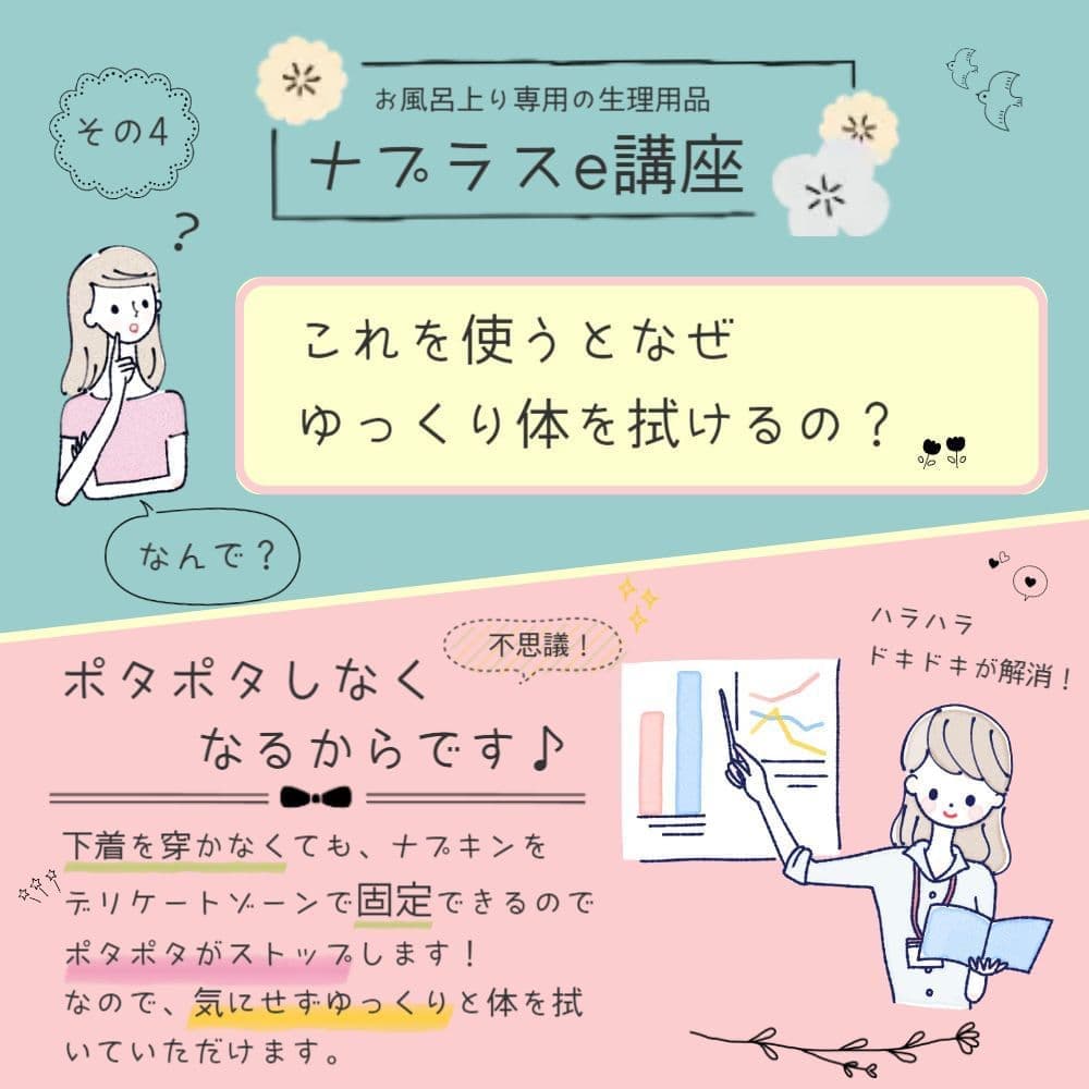 生理日のお風呂上がり対策。経血問題を解決するナプキン補助商品。生理の女性の悩み　ストレス　不安　お風呂上りにポタポタ垂れでバスマットやタオル　足を汚さない　下着に付けるの　デリケートゾーンに挟む　ナプラスeを付けたままショーツをはく　フェムテック　フェムケア　産後生理　生理日あるある　昼用　夜用　教えて生理の事　お股に挟む　災害時の生理　自衛隊のお風呂　補助商品　生理用品　お風呂上り３分間問題