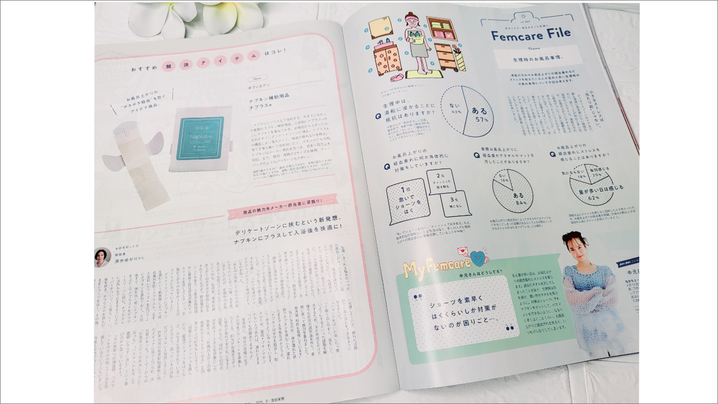 生理日のお風呂上がり対策　経血　ナプキン補助商品　生理の悩み　デリケートゾーンに挟む　ショーツをはく　フェムテック　フェムケア　産後生理　生理日あるある　教えて生理の事　お股に挟む　災害時の生理　生理用品　お風呂上り専用　ポタポタ　生理アイテム　ナプラスe　血　補助用品　メディア掲載　雑誌anan　おふろ部　anan news　雑誌kiitos.　anan beauty　雑誌からだにいいこと　cosmopolitan　AMEBA的ニュースショー　神戸新聞